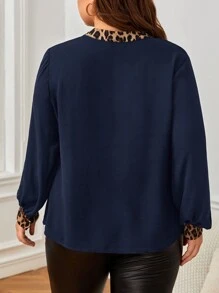 SHEIN Tall CURVE Plus Leopard Print Lantern Sleeve Blouse - Navy Blue - View 2