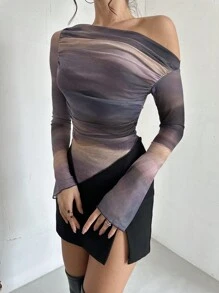 Firerie Áo thun dài tay trễ vai thời trang thu đông mới cho nữ thiết kế thanh lịch in họa tiết loang nhuộm viền bất đối xứng - Nhiều màu - Xem 9