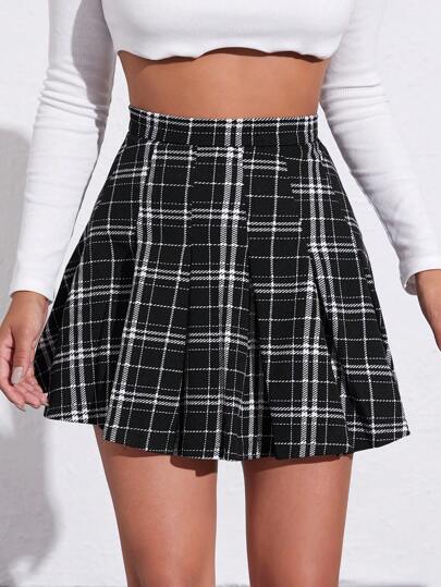 Zipper Side Plaid Pleated Skirt