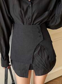 DAZY Women's Asymmetric Striped Button Waist Band Skirt Fall Skirts - Dark Grey - View 6