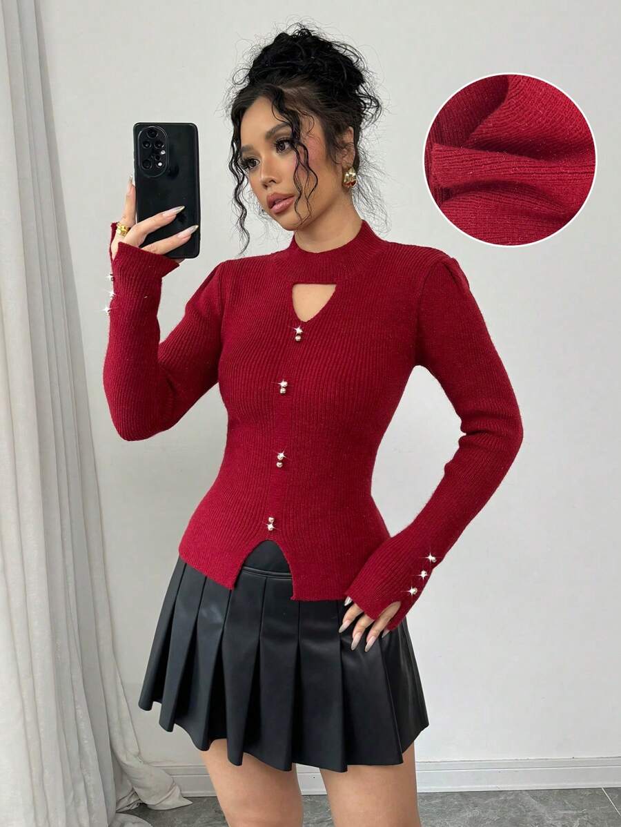 Elenzga Suéter ajustado de unicolor y calado elegante, jersey de punto de otoño/invierno - Burdeos - Ver 1