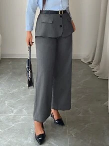 Calvaya 大码高腰拼接二合一裤子，纯色休闲直筒宽松通勤裤 - 深灰色 - 查看 4
