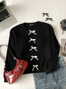 SHEIN EZwear 1pc Women Loose Fit Crew Neck Long Sleeve Sweater With Bow Decor, Black
