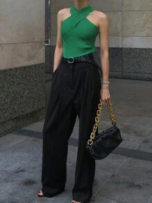 DAZY Women's Solid Color Casual Halter Tight-Fitting Knit Top - Green - View 2