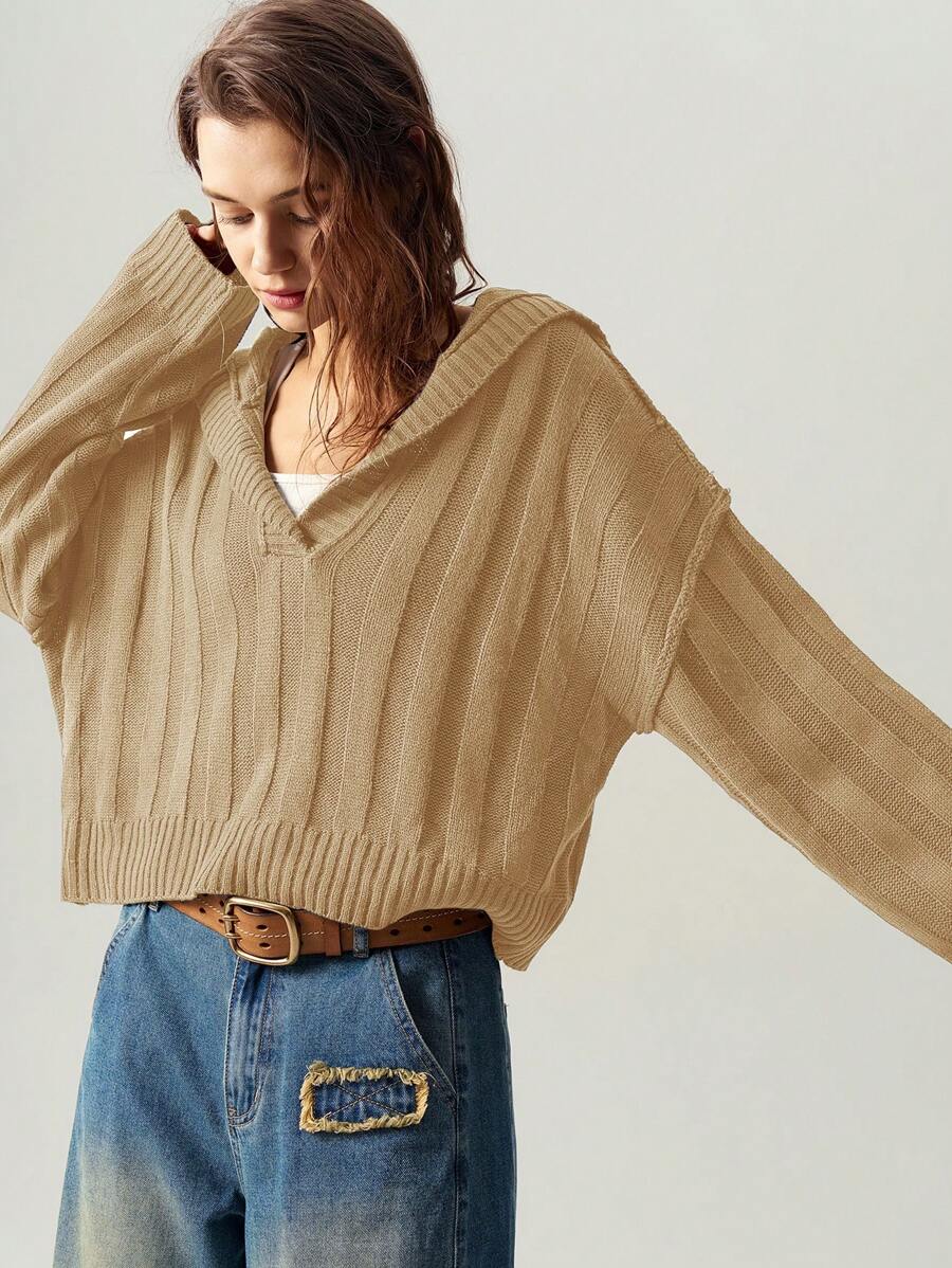 Bohemela Vacation Casual Solid Color Half Open Collar Loose Pullover Sweater For Women - Khaki - View 1