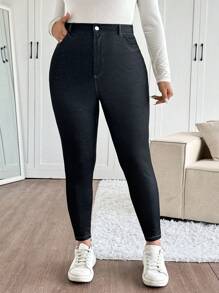 SHEIN Frenchy Plus Size Women's Black Pocketed Skinny Casual Pants, Versatile