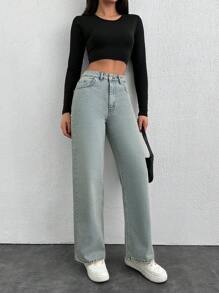 RueChic High Waist Simple Fashion Button Fly Jeans, Suitable For Casual Everyday Wear - Light Wash - View 1