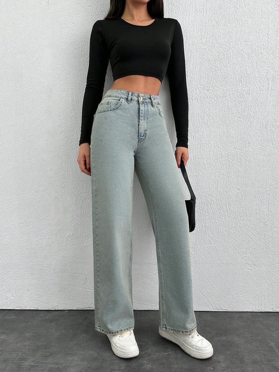 RueChic High Waist Simple Fashion Button Fly Jeans, Suitable For Casual Everyday Wear - Light Wash - View 1