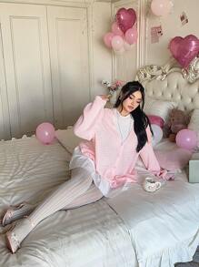 Sunnyshic Áo len cardigan dài tay màu hồng họa tiết vỏ sò tối giản thời trang dành cho nữ, mùa thu/đông - Hồng - Xem 5