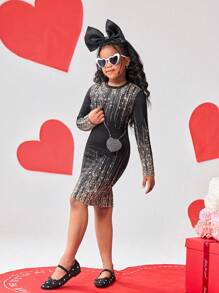Vestido negro de manga larga con cuello redondo, degradado y brillo, con estampado gráfico para niñas preadolescentes. Bellamente diseñado, adecuado para todas las estaciones, eventos formales, salidas y para ir a juego