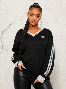 SHEIN SXY Sudadera con capucha negra ancha con parche de encaje estilo "American Sweetheart", para otoño/invierno - Negro - Ver 4