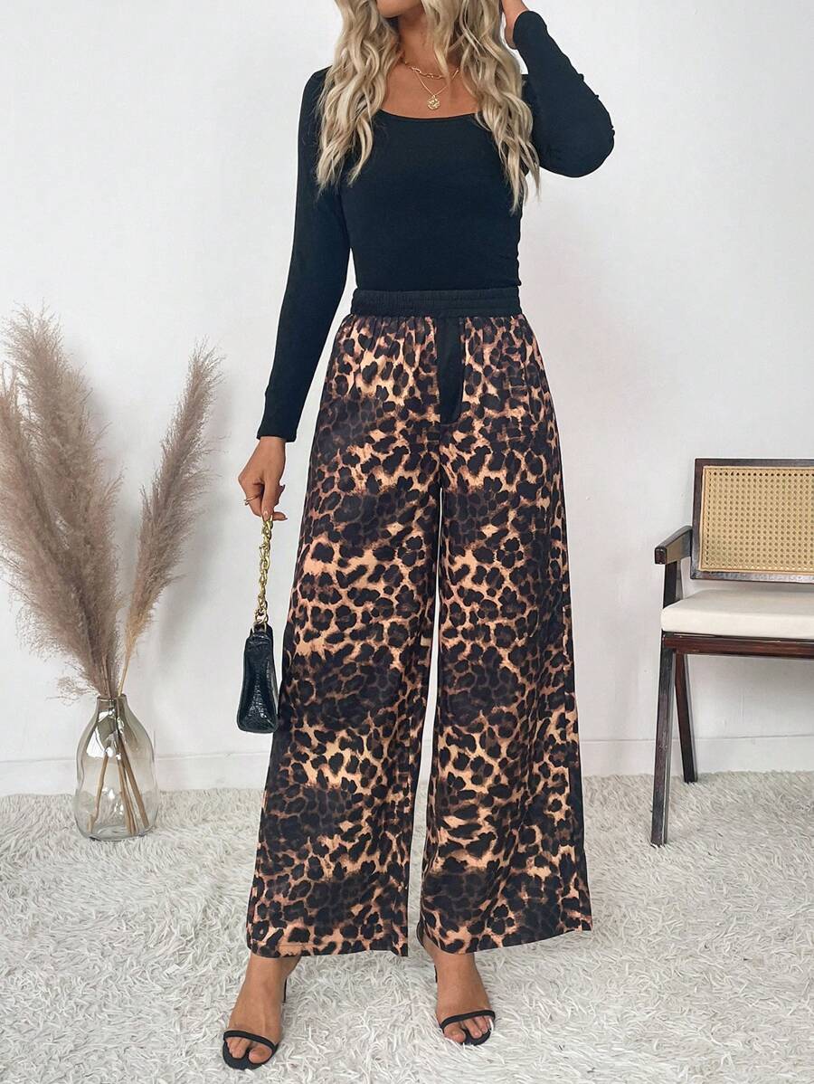 SHEIN Clasi 女士简约豹纹复古宽松直筒裤，休闲日常穿着 - 棕色 - 查看 1