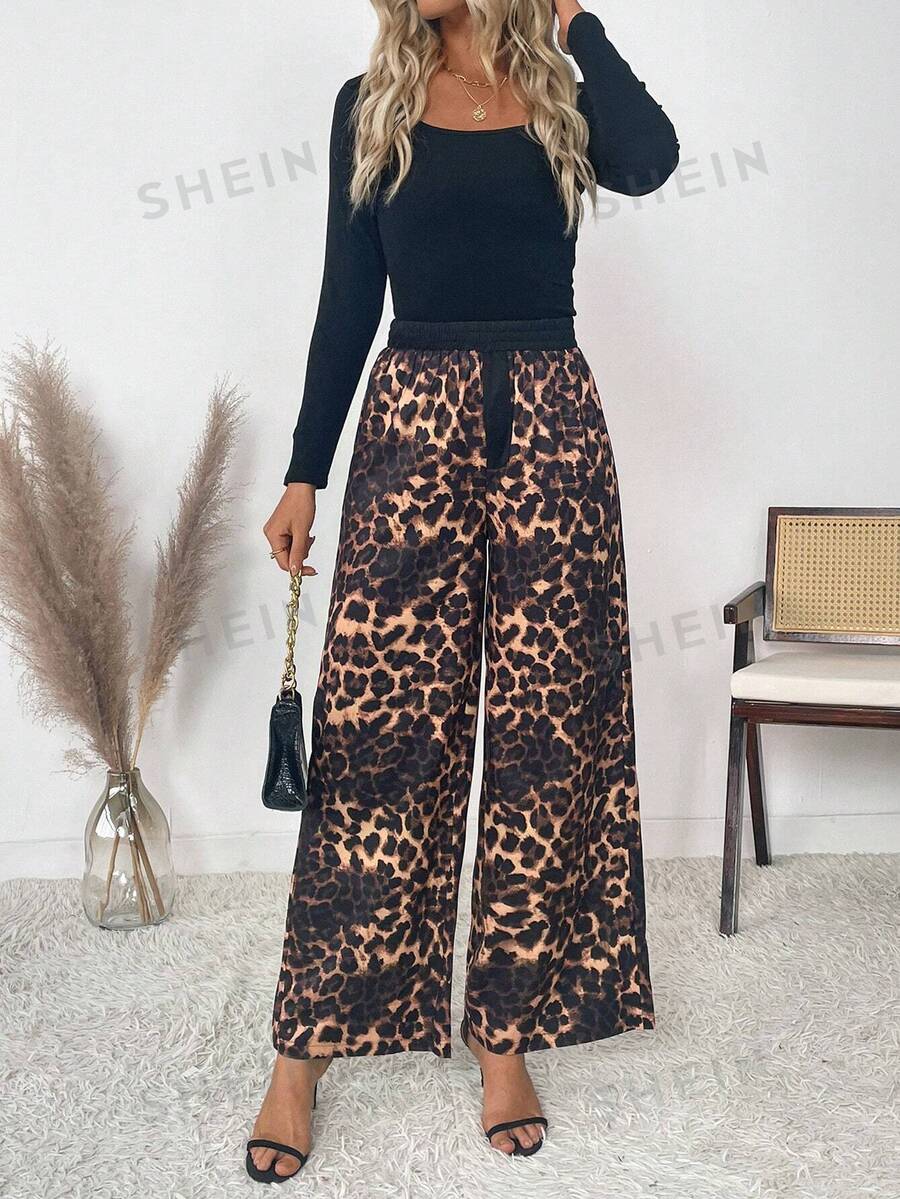 SHEIN Clasi Pantalones rectos holgados con estampado de leopardo vintage minimalista para mujer, uso casual diario