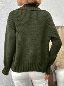 SHEIN LUNE Women's Casual Solid Color Drop Shoulder Long Sleeve Single-Breasted Cardigan, Autumn/Winter - Army Green - View 2