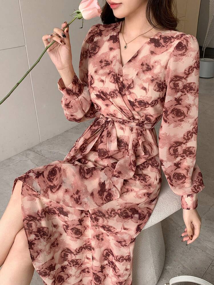 Women's Elegant Floral All-Over Print Long Wrap Dress, Autumn,Fall Women Clothes Long Sleeve Dress Maxi Dress