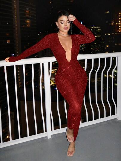 SHEIN SXY Sexig och elegant glitter med djup v-ringad långärmad rygglös jumpsuit för fest, födelsedag, nattklubb