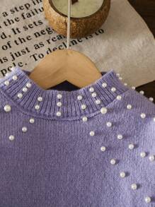 Young Girl Solid Color Beaded Stand Collar Fitted Casual Sweater,In Fall/Winter - Purple - View 6