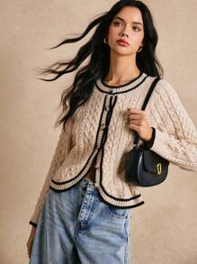 Poéselle Nuevo Cárdigan de punto de una sola botonadura blanco para mujer, suéter de manga larga texturizado