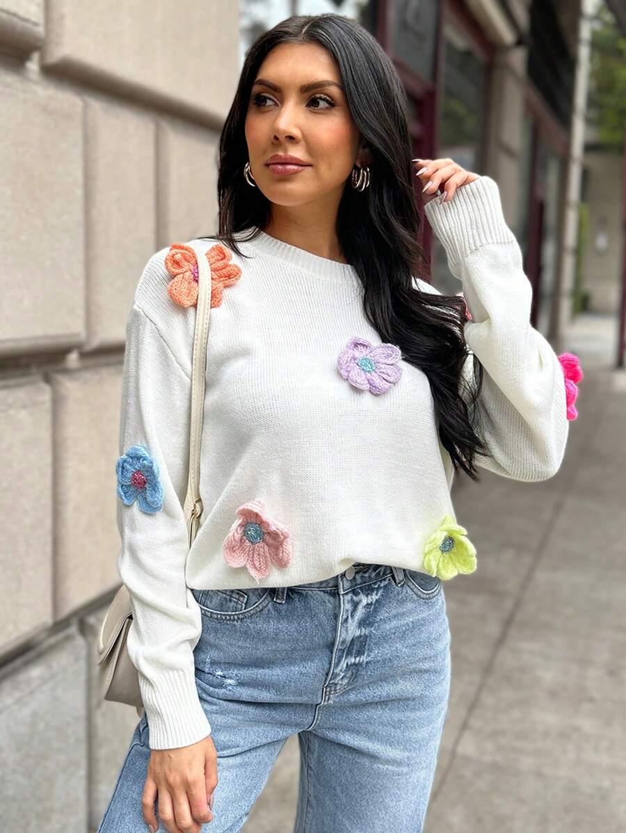 SHEIN LUNE 女士花卉刺绣图案圆领长袖休闲针织毛衣 - 白色 - 查看 1