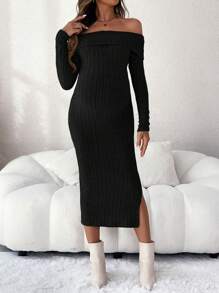 SHEIN Maternity Solid Color Off-Shoulder Side Slit Bodycon Dress, Casual Autumn/Winter - Black - View 5