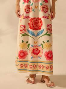 CAJUNI Women's Boho Colorful Tropical Plant Print V-Neck Spaghetti Strap Dress, Casual Summer Beach