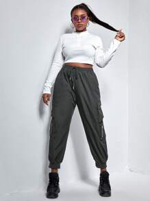 SHEIN EZwear Pantalones cargo negros de talla grande con bolsillo con solapa y cordón