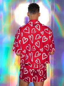 FeverCity Men's Digital Love Print Loose Woven Short Sleeve Shirt Set, Suitable For Summer