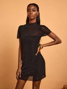 Armand 设计师金色闪光网眼优雅连衣裙搭配黑色管状紧身优雅连衣裙，适合节日、节日、婚礼、舞会礼服 - 黑色 - 查看 6