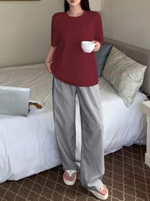 DAZY Minimalist T-Shirt Top & Striped Pajamas Pants Homewear Set - Burgundy - View 3