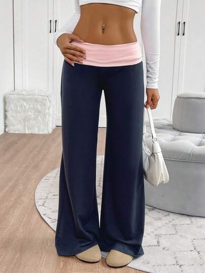 INAWLY Women's Casual Contrast Foldover Waist Wide Leg Sweatpants Graduation,Back To School Outfits,Graduation,Teacher Outfits For Women,Back To School