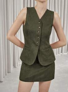 SHEIN Privé Women's Suede Vest + Mini Skirt 2 Pieces Set, Minimalist Style, Great For Valentine's Day, Spring - Olive Green - View 2