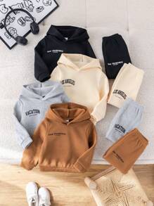 SHEIN Leap Crew Set de 8 piezas de sudadera con capucha con estampado de letras y pantalones de cintura elástica básicos y casuales para niño y niña bebé, multicolor, adecuado para otoño e invierno - Caqui - Ver 1