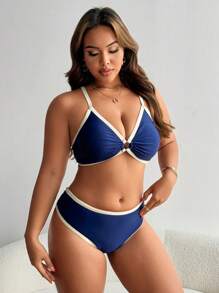 Swim Vcay طقم ملابس سباحة للمرأة البدينة 2 قطعة بحمالة رفيعة لون واحد، مكون من حمالة خصر وبكيني مطابق، مناسب لارتداء في شواطئ العطلات - أزرق غامق - مشاهدة 3