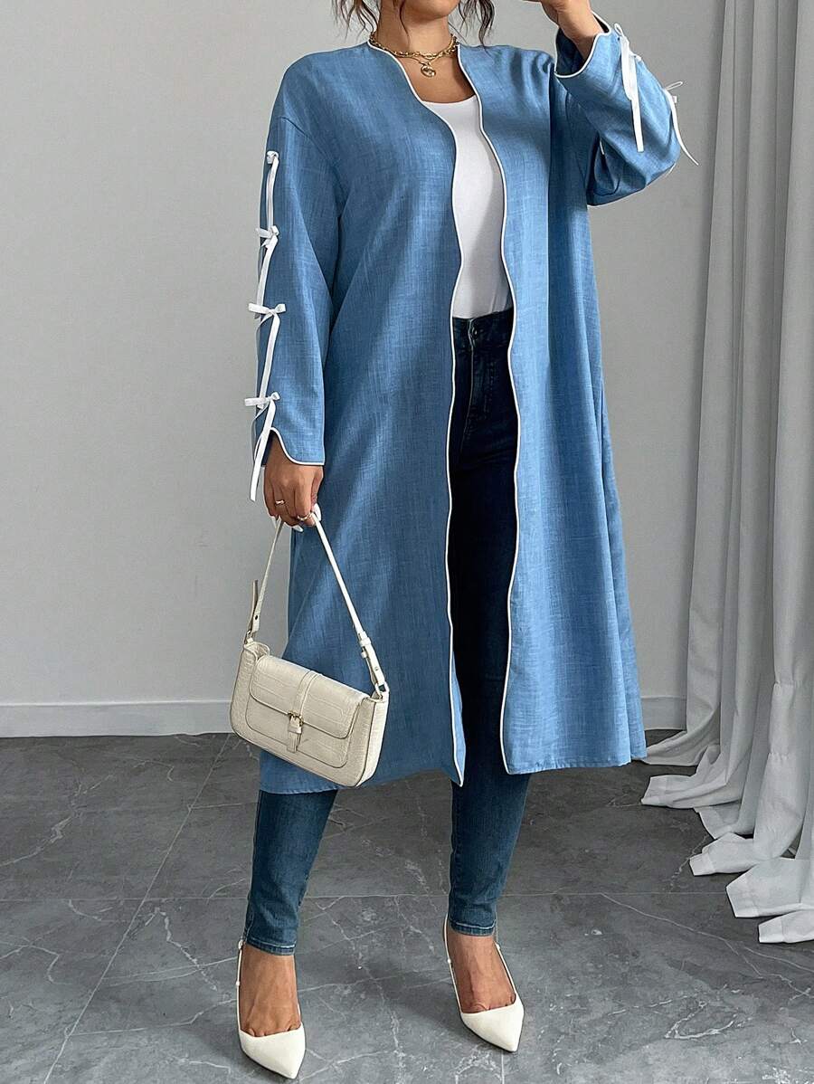 Flirla Plus Size Elegant Bowknot Long Lightweight Jacket For Women