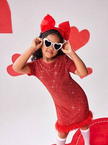 Vestidos para niñas preadolescentes - Vestido de manga corta con empalme, cuello de piel sintética y tela brillante en rojo elegante y de estilo callejero para niñas preadolescentes. Con un diseño glamoroso y encantador, adecuado para fiestas de Año Nuevo, salidas, San Valentín y todas las estaciones.