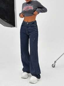EURMUSE HIGH RISE WIDELEG CUT RIPPED DETAIL WOMEN JEAN - Dark Wash - View 5