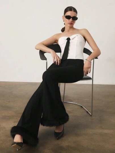 SHEIN Unity Women's Solid Color Flared Leg Pants With Raw Hem Design, Elegant