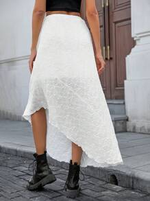 Chiquease 纯色蕾丝拼布不对称下摆女式半身裙 - 白色 - 查看 2