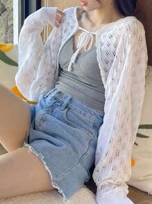 DAZY Women's Textured Fabric Ultra Short Cardigan, White, Spring/Summer - White - View 4