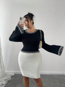 Franclia Vestido de suéter ajustado con mangas abombadas y bloque de color, informal para otoño/invierno, talla grande