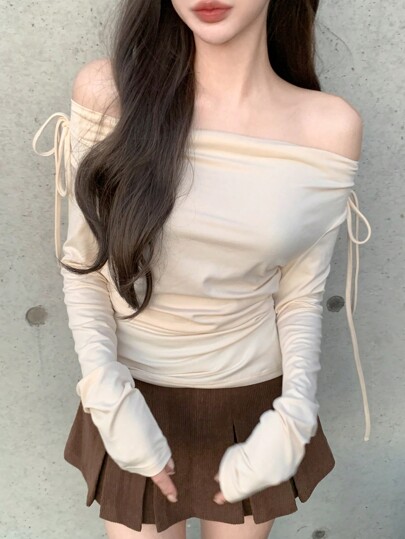 DAZY Women Solid Color Tie Shoulder Scoop Neck Undershirt Summer Long Sleeve Women Tops