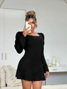 SHEIN SXY Vestido negro elegante de manga abullonada para damas, otoño/invierno