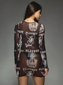 Missguided x Playboy Magazine Print Graphic Mesh Mini Dress Long Sleeve Bodycon Vintage Magazine Collage Y2K Aesthetic Night Out Club Wear Party Dress - Multicolor - View 2