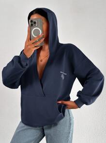 EURMUSE 100%Cotton Letter Graphic Drop Shoulder Hoodie - Navy Blue - View 4