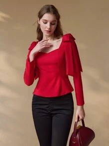 MOTF PREMIUM Blusa de hombros con lazo de cintura ajustada para ropa de Año Nuevo