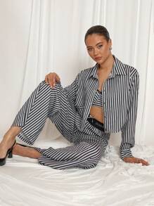 COSMINA 2pcs Women Grey Stripe Casual Lounge Set, Autumn/Winter