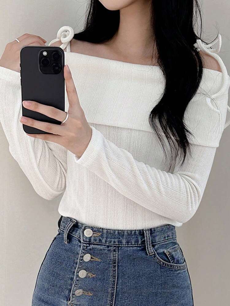 Women Off-Shoulder Camisole T-Shirt, Solid Color Long Sleeve, Casual & Fashionable For Everyday Wear,Fall Clothes