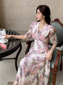 DAZY V-Neck Floral Print Puff Sleeve Mid-Length Dress For Women