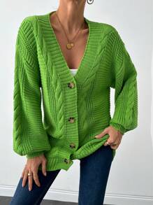 EURMUSE Women's Solid Color Drop Shoulder Long Sleeve Single Breasted Casual Cardigan, Autumn/Winter - Green - View 5