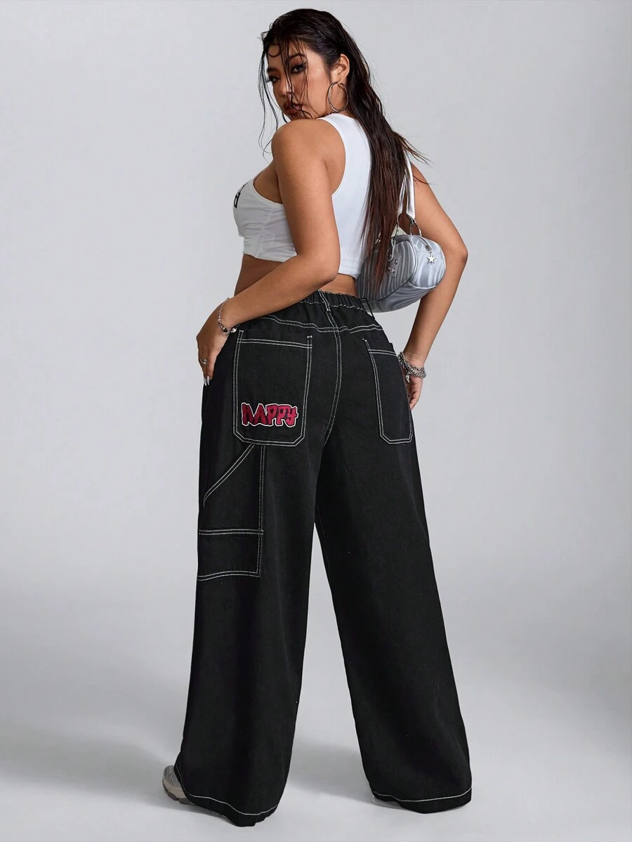 Jeanoix 带超大英式刺绣口袋的洗水黑色宽松牛仔裤 - 黑色 - 查看 1